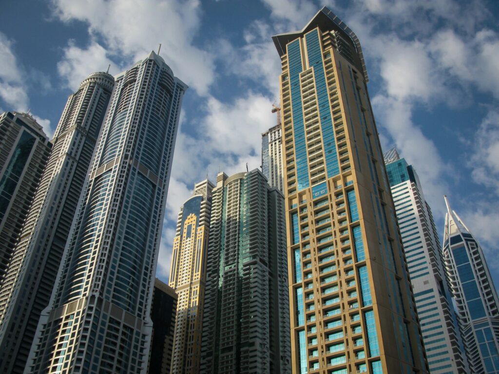 modern skyscrapers against the blue sky