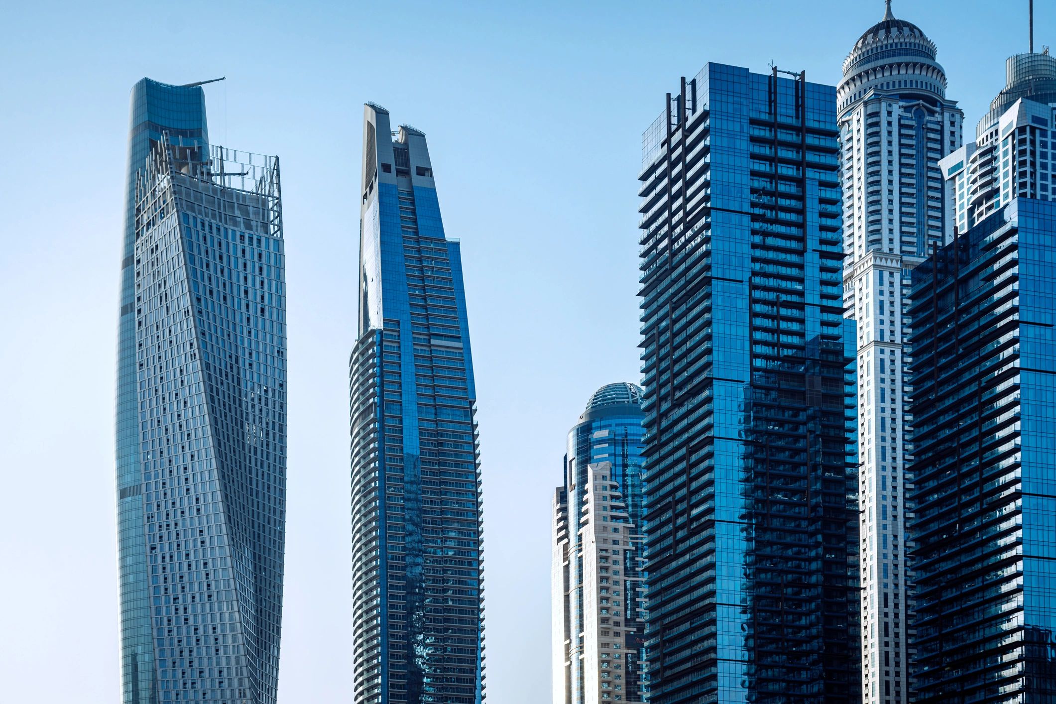 Dubai Marina glass towers at sunset