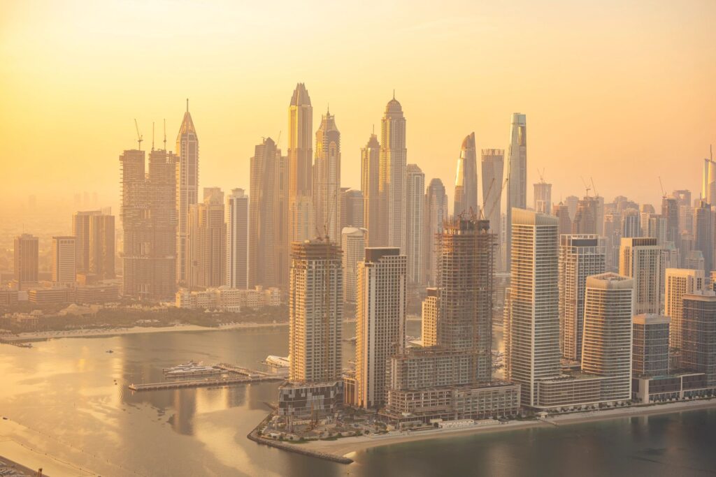 Dubai Marina cityscape at golden hour sunset