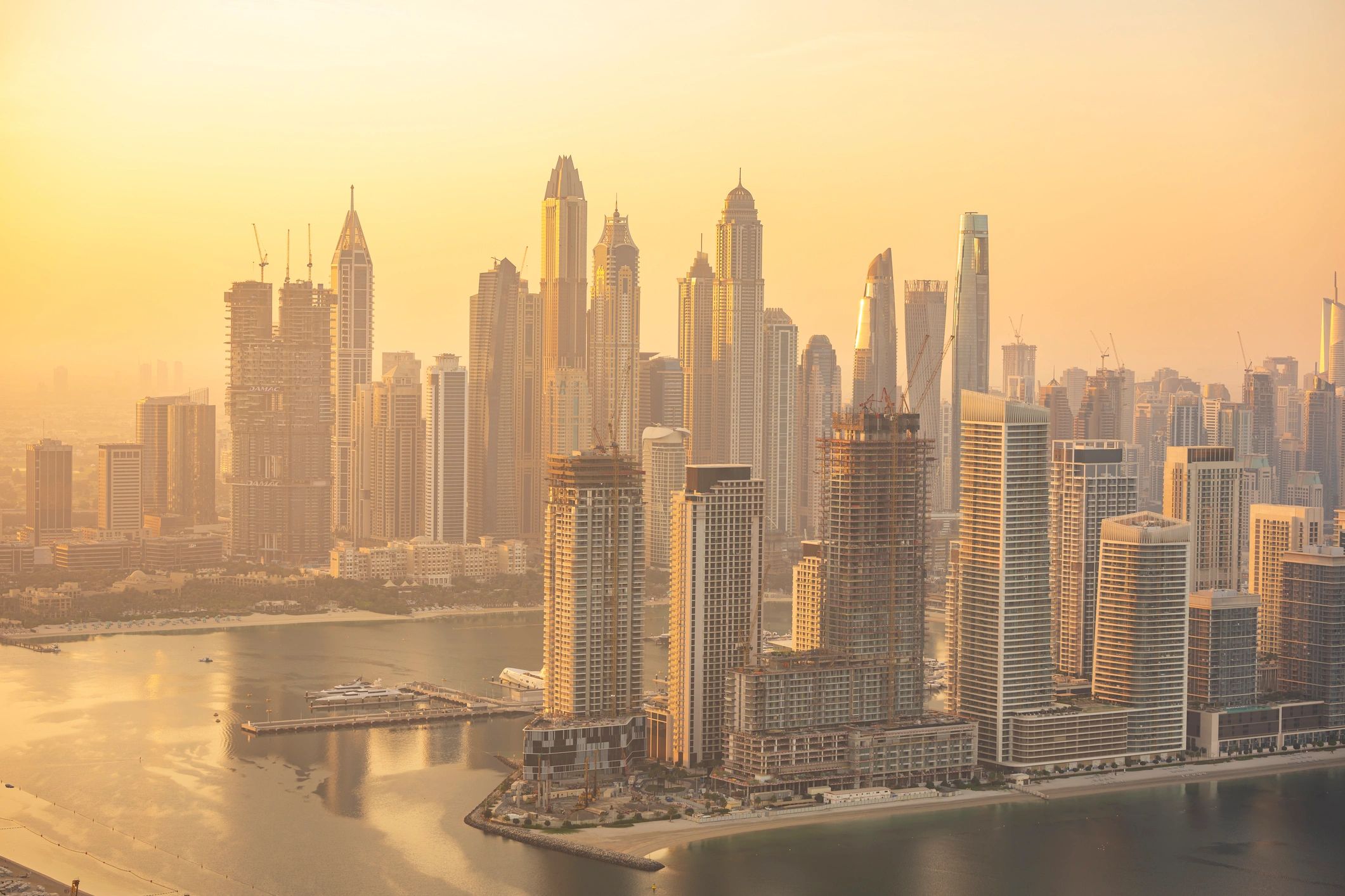 Dubai Marina skyline at golden hour